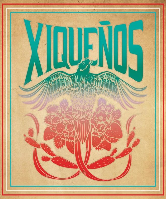 Illustration of an ornate bird with spread wings and intricate floral patterns beneath. The word "Xiqueños" is displayed prominently at the top in stylized teal letters.