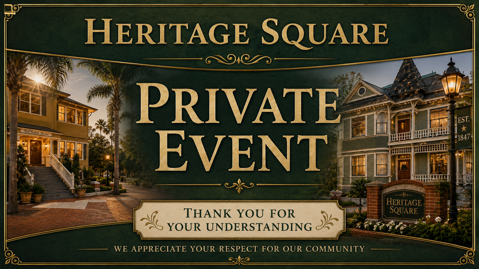 Heritage Square Oxnard private event venue with historic Victorian buildings and lush landscaping.