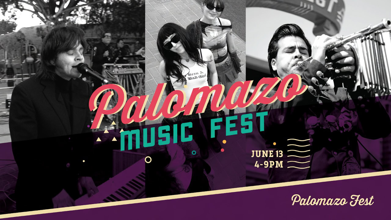 A lively scene at Palomazo Music Fest in Heritage Square Oxnard featuring musicians performing outdo.