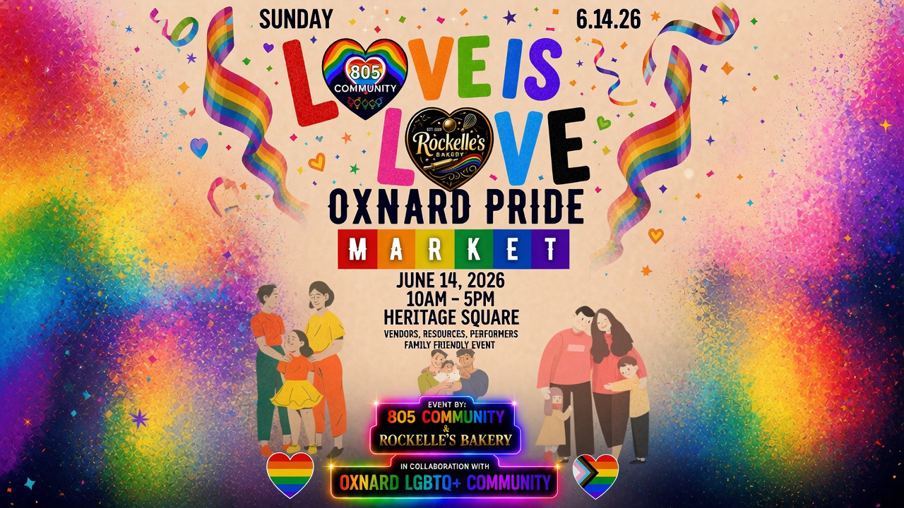 Colorful Pride event poster for Heritage Square Oxnard featuring rainbow decorations, families, and.