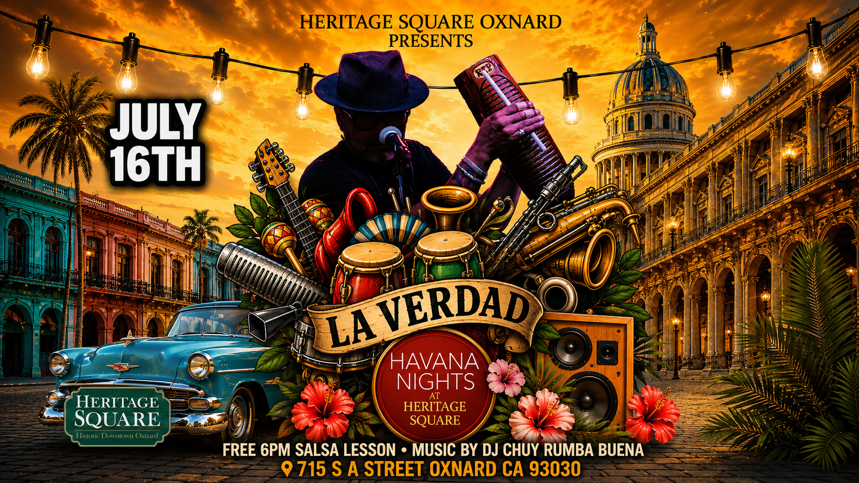 Heritage Square Oxnard hosts Havana Nights event with live music and vibrant decor.