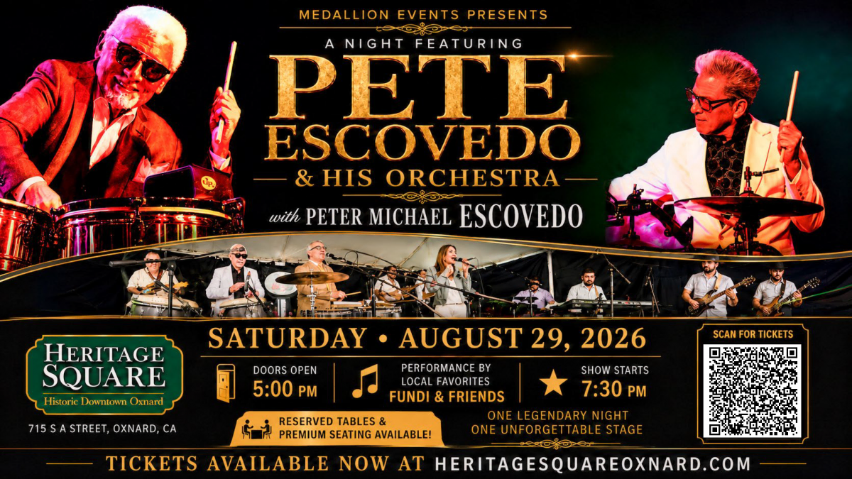 Heritage Square Oxnard event poster featuring Pete Escovedo and his orchestra, August 29, 2026.