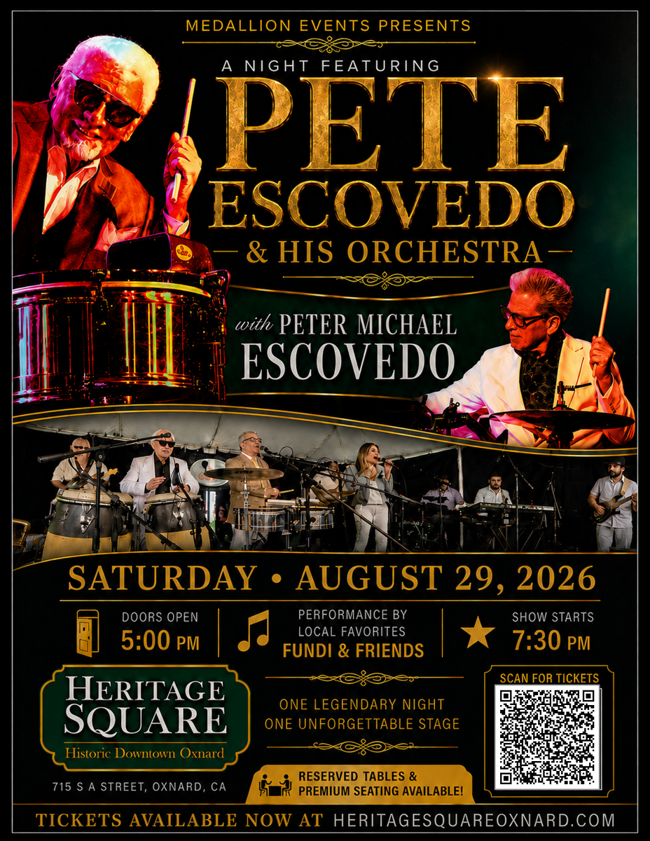 Heritage Square Oxnard hosts a concert featuring Pete Escovedo and his orchestra on August 29, 2026.