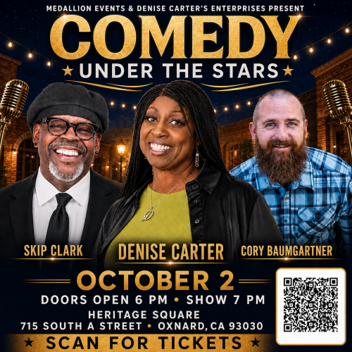 Comedy show poster featuring Skip Clark, Denise Carter, and Cory Baumgartner at Heritage Square Oxn.
